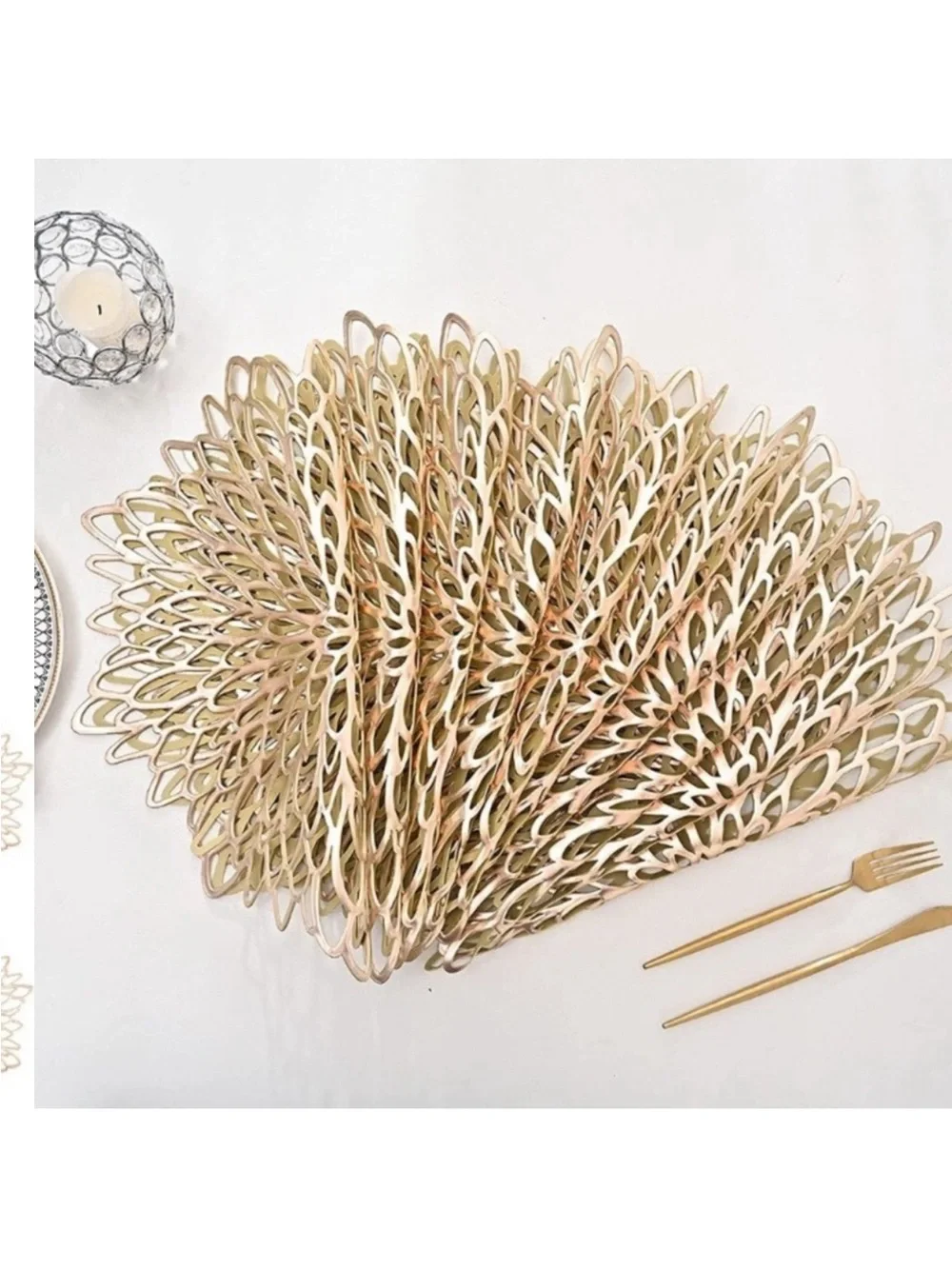 Gold Vinyl Placemats Set of 8 Round Floral Leaf Dining Modern Table Place Mats